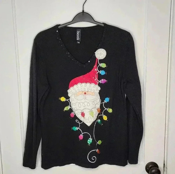Berek Beaded Sequins Santa Ugly Christmas Sweater Blouse Size Large Black V-Neck - Picture 1 of 5